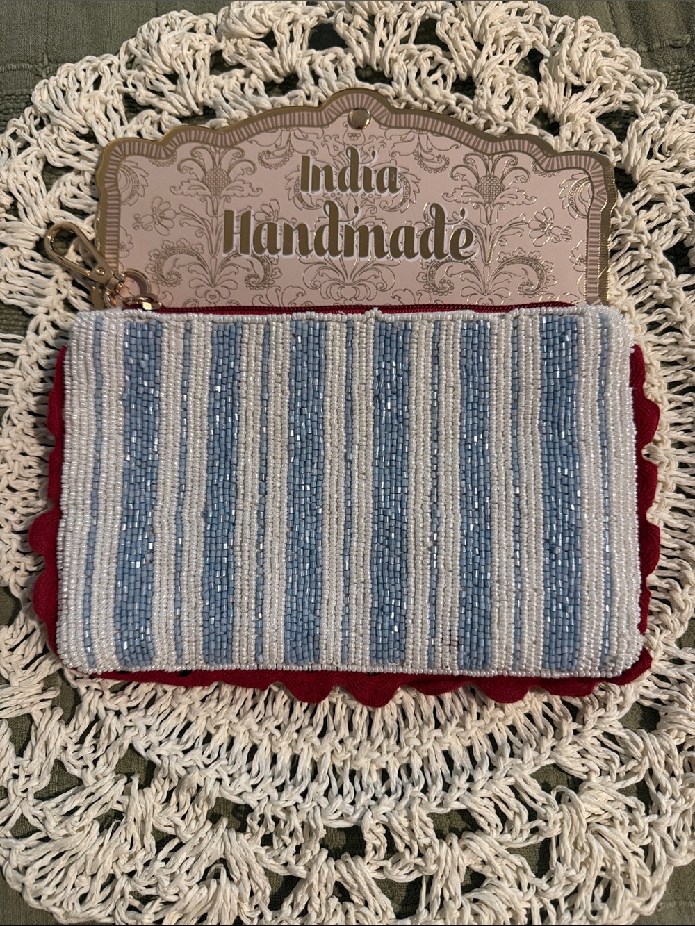 Handmade in India Blue & White Beaded Wristlet with Red Trim NWT